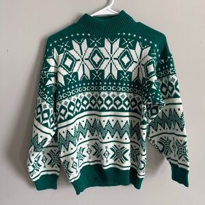Vintage 80s Fair Isle Mock Neck Knit Green and White Sweater